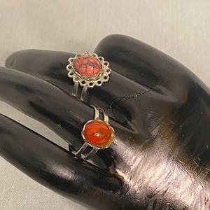 Set Of Two Rings Burnt Orange Stones On Silver Tone Metal Adjustable